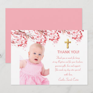 Carte De Remerciements Fleur de cerisier Photo croix Baptême fille