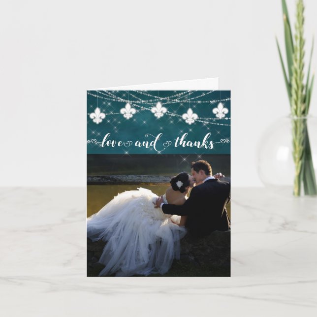 Carte De Remerciements Fleur de Lis Turquoise | Photo Heart Love et (Devant)