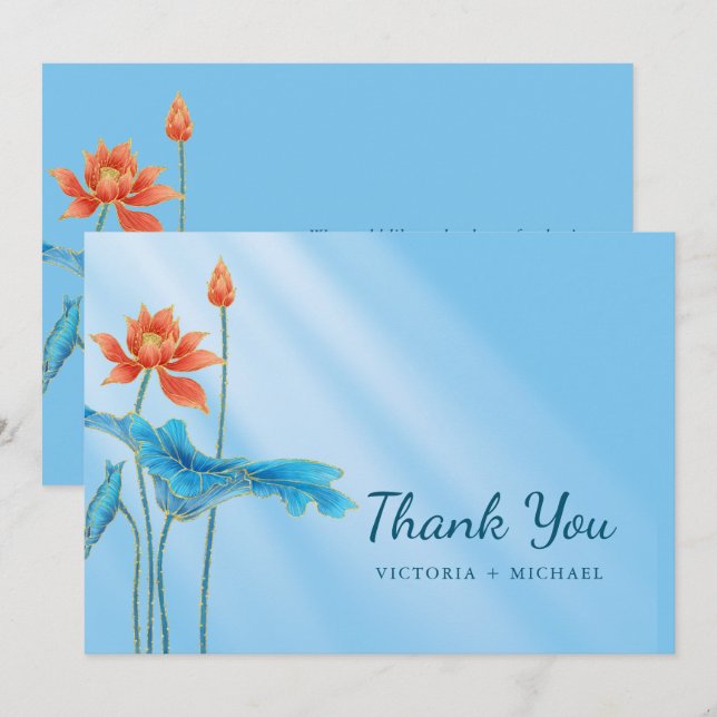 Carte De Remerciements Fleur de Lotus orange et bleu élégant (Devant / Derrière)