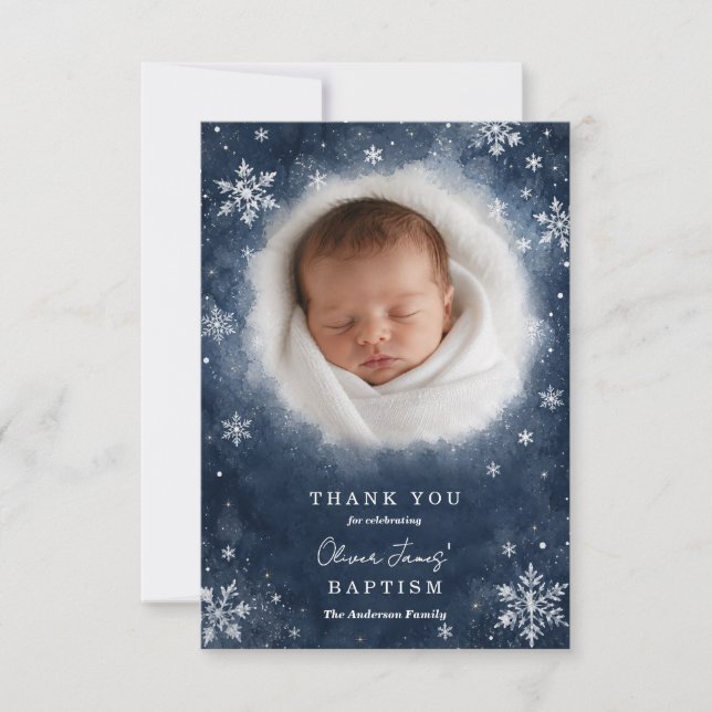 Carte De Remerciements Fleur de neige de minuit Baptême d'hiver Plat  (Devant)