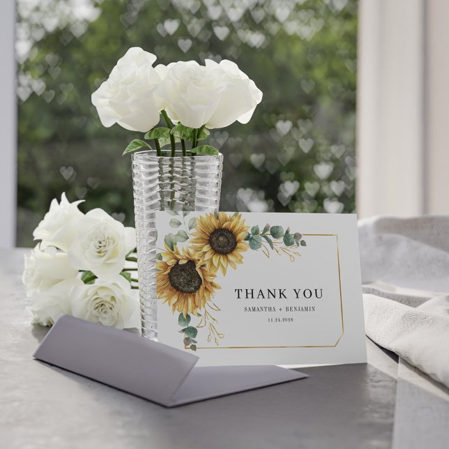 Carte De Remerciements Fleur de Soleil Floral Eucalyptus Mariage de verdu (Floral Greenery Sunflower Wedding Thank You)