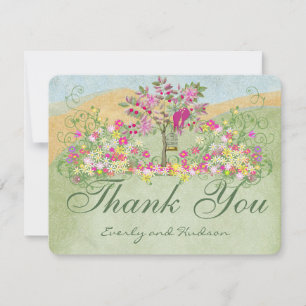 Carte De Remerciements Fleur de Tourbillon d'Oiseau d'Amour Rose Mariage