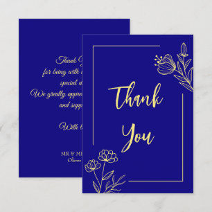 Carte De Remerciements Fleur d'or simple bleu mariage