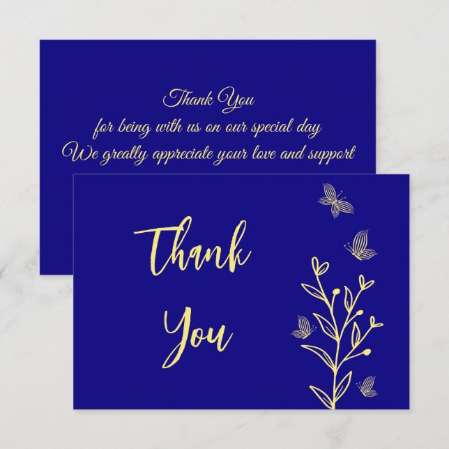 Carte De Remerciements Fleur d'or simple bleu mariage (Devant / Derrière)