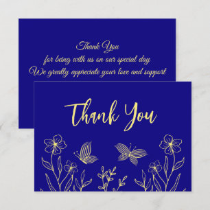 Carte De Remerciements Fleur d'or simple bleu mariage