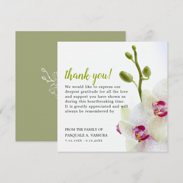 Carte De Remerciements Fleur d'Orchidée Blanche Deuil Perte Chagrin (Devant / Derrière)