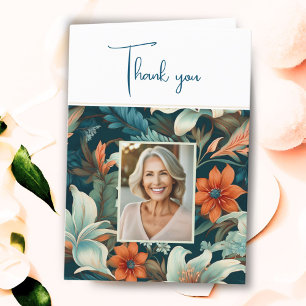 Carte De Remerciements Fleur Élégante Motif Feuillage Photo Anniversaire 