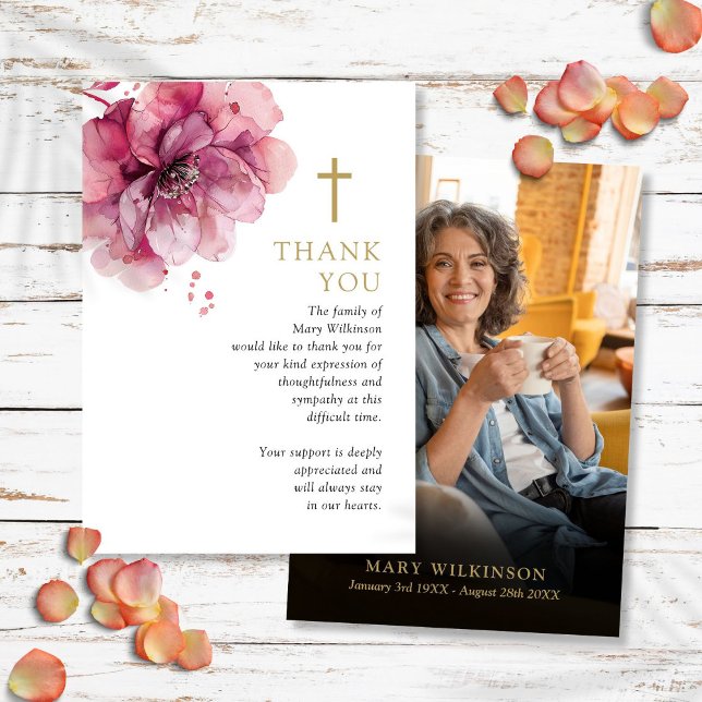 Carte De Remerciements Fleur rose Christian Memorial Funérailles Photo (Pink Floral Christian Memorial Funeral Photo Thank You Card)