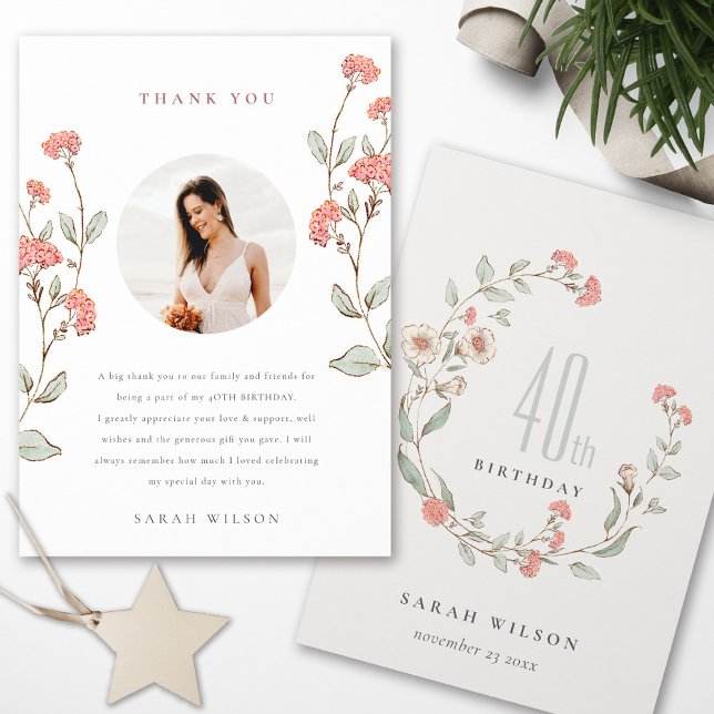 Carte De Remerciements Fleur Rose Wreath Photo N'Importe Quel Âge Anniver (Créateur téléchargé)