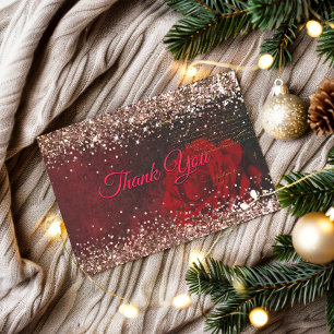 Carte De Remerciements Fleur rouge chic paillettes fausses or