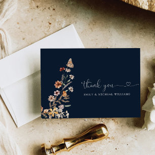 Carte De Remerciements Fleur sauvage bleu bleu mince Mariage plat