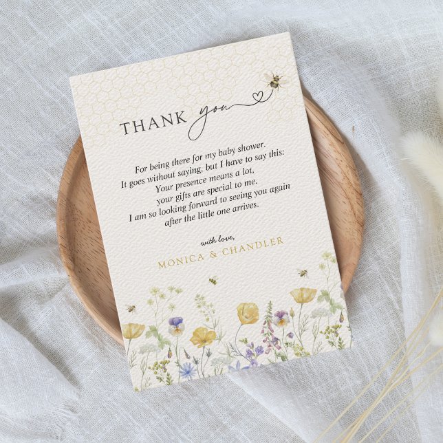 Carte De Remerciements Fleur sauvage Boho Rustic Bee Garden Jote Baby sho (Bee Meadow Wildflowers Mama to Bee Baby Shower Thank You Card Floral Garden Watercolor Minimalist)