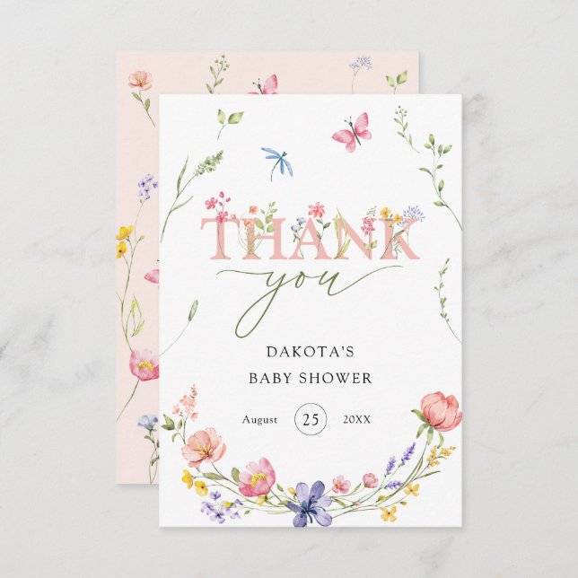 Carte De Remerciements Fleur sauvage d'aquarelle bébé en fleur Bienvenue (Devant / Derrière)