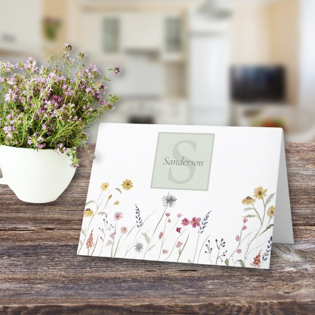 Carte De Remerciements Fleur sauvage d'aquarelle monogramme (Créateur téléchargé)