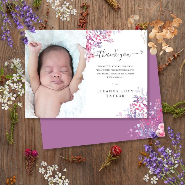 Carte De Remerciements Fleur sauvage Floral Baptême Christening Photo (Wildflower Floral Baptism Christening Photo Thank You Card)