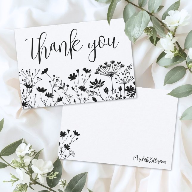 Carte De Remerciements Fleur Sauvage Noir Blanc (Black White Wildflower Thank You Card)