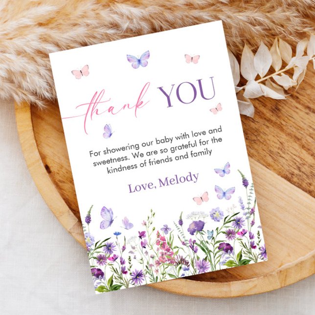 Carte de remerciements Fleur sauvage papillon (Butterfly Wildflower Baby Shower Thank You Card)