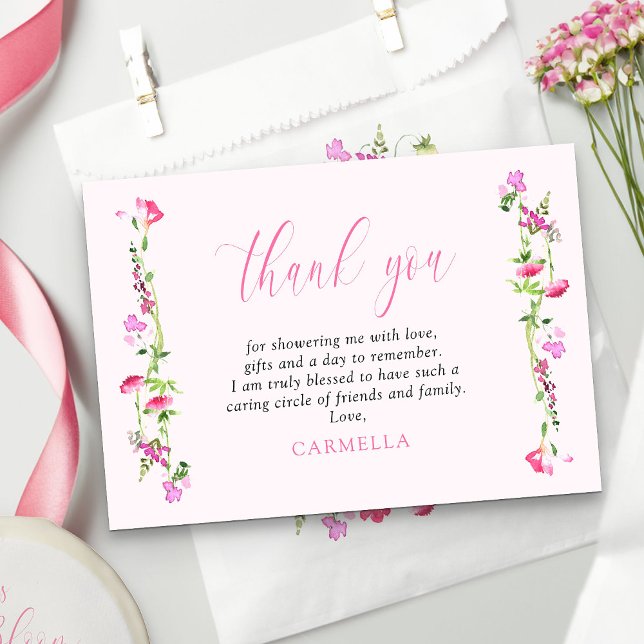Carte De Remerciements Fleur Sauvage Rose Clair Délicate Florale (Pretty pink thank you cards with pink calligraphy from my Pink Wildflower Bridal Shower collection)