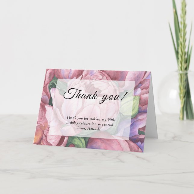 Carte De Remerciements Fleur vintage 90e fête d'anniversaire (Devant)