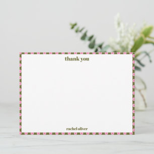 Carte De Remerciements Fleurs à carreaux prépa rose et vert personnalisée