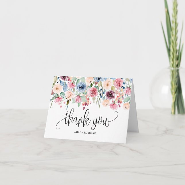 Carte De Remerciements Fleurs à l'aquarelle Bordure Calligraphie Script (Devant)