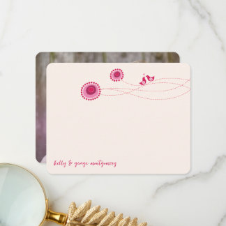 Carte De Remerciements Fleurs à points roses et oiseaux qui s'embrassent
