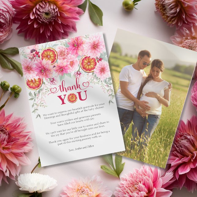 Carte De Remerciements Fleurs Aquarelle Rose Citron Fête de Naissance Béb (Citrus with pink watercolor flowers baby shower thank you card, girl baby shower)