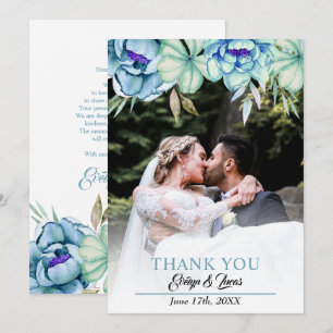 Carte De Remerciements Fleurs aquarelles bleues et vert menthe mariage fl