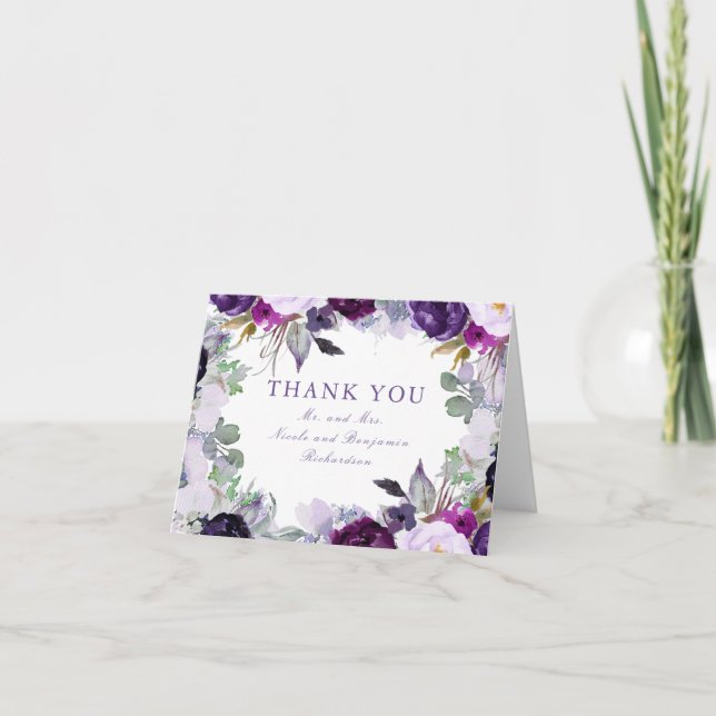 Carte De Remerciements Fleurs aquarelles violettes remerciement de mariag (Devant)