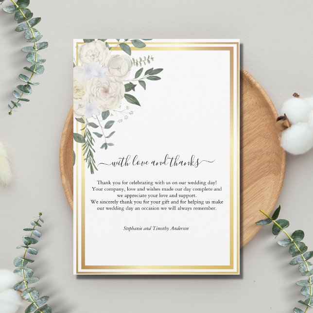 Carte De Remerciements Fleurs blanches avec une bordure dorée et verdure  (Créateur téléchargé)