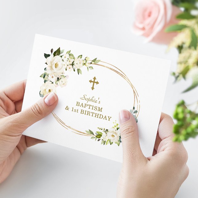 Carte De Remerciements Fleurs blanches délicates Fille 1er anniversaire B (Créateur téléchargé)