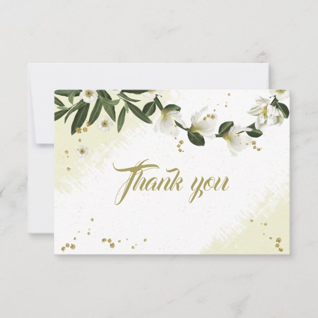 Carte De Remerciements fleurs blanches et or vert feuille botanique (Devant)