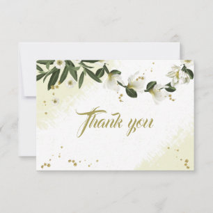 Carte De Remerciements fleurs blanches et or vert feuille botanique
