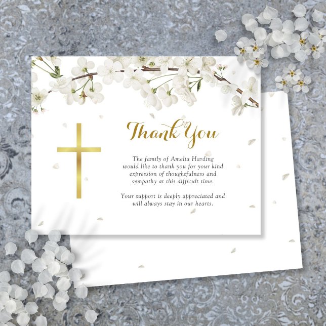 Carte De Remerciements Fleurs Blanches Funérailles Chrétien (White Blossom Funeral Christian Thank You Card)