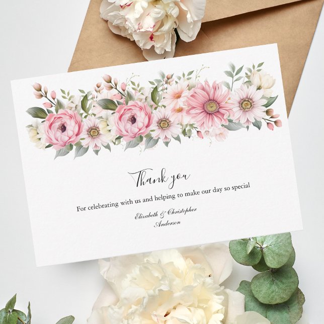 Carte De Remerciements Fleurs Blanches Roses Feuillage Eucalyptus Mariage (Pink White watercolor Floral Flower border wedding thank you card)