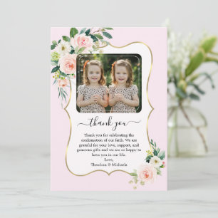 Carte De Remerciements Fleurs blanches roses Twin Girls Photo Confirmatio