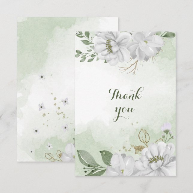 Carte De Remerciements fleurs blanches verdure (Devant / Derrière)