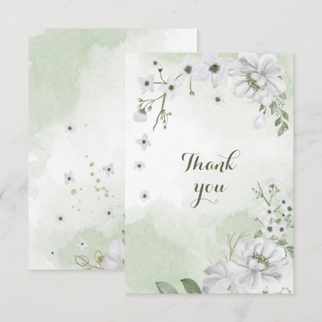 Carte De Remerciements fleurs blanches verdure (Devant / Derrière)