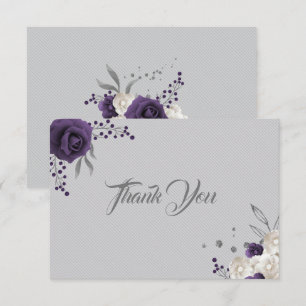 Carte De Remerciements Fleurs blanches violettes et poussiéreuses gris ar