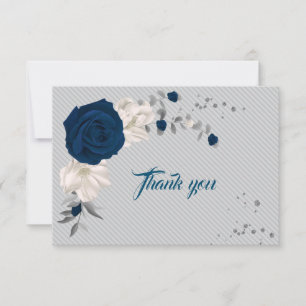 Carte De Remerciements fleurs bleu marine et blanches feuilles grises
