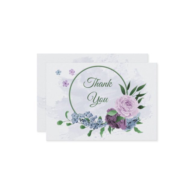 Carte De Remerciements Fleurs bleu pourpre vert feuille mariage (Devant/Arrière en situation)