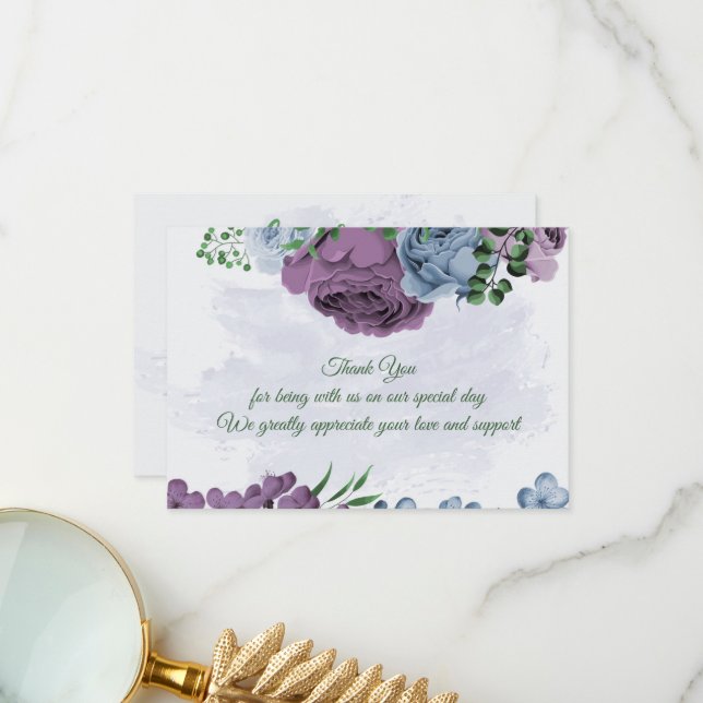 Carte De Remerciements Fleurs bleu pourpre vert feuille mariage (Devant/Arrière en situation)
