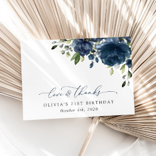 Carte De Remerciements Fleurs Bleues de la Marine, Verdure, Boho, Anniver