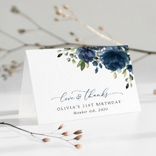 Carte De Remerciements Fleurs Bleues de la Marine, Verdure, Boho, Anniver