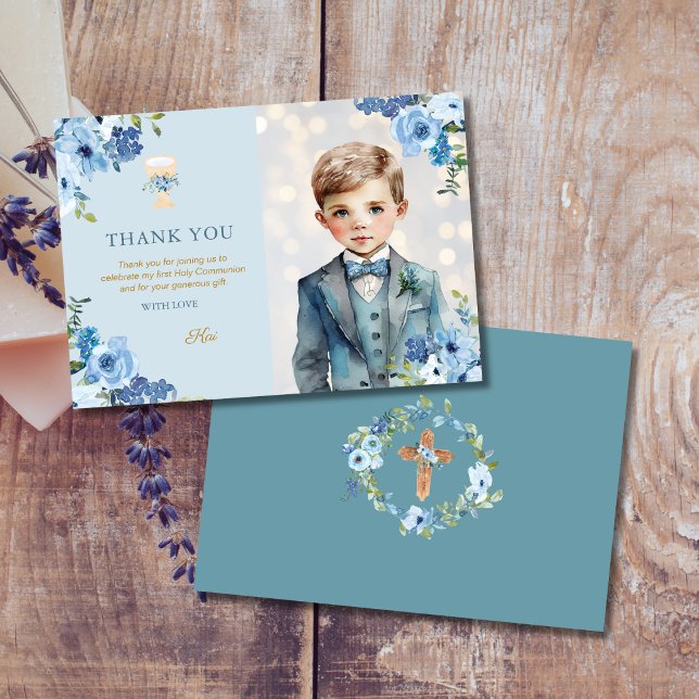 Carte De Remerciements Fleurs bleues Dusty First Holy Communion Boys (Créateur téléchargé)