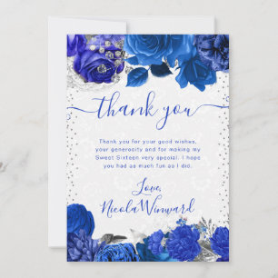 Carte De Remerciements Fleurs Bleues et Argent Aquarelle Sweet 16