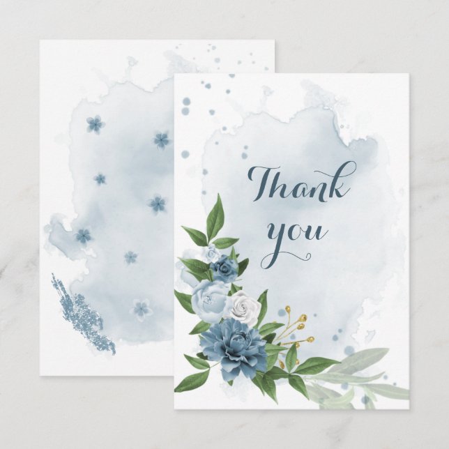 Carte De Remerciements fleurs bleues et blanches verdure (Devant / Derrière)