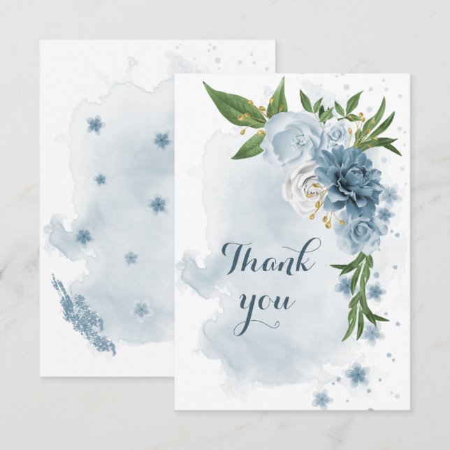 Carte De Remerciements fleurs bleues et blanches verdure (Devant / Derrière)