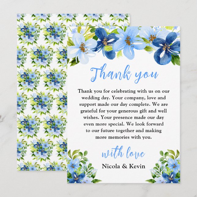 Carte De Remerciements Fleurs bleues et navy avec feuillage  (Devant / Derrière)