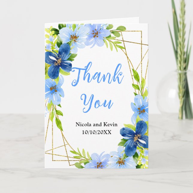 Carte De Remerciements Fleurs bleues et navy avec feuillage  (Devant)